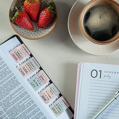 DiverseBee Laminated Bible Tabs (Large Print, Easy to Apply), Bible Tabs Old and New Testament, Bible Study Journaling Supplies, Bible Accessories, Bible Index Tabs, 72 Bible Book Tabs (Petal)